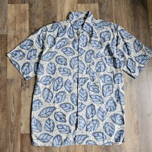 Windham Pointe Men's Button 100% Silk Down Shirt Size Small  Blue Leaf Prints